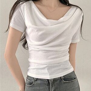 DAZY Ladies' Solid Color Draped Collar T-Shirt